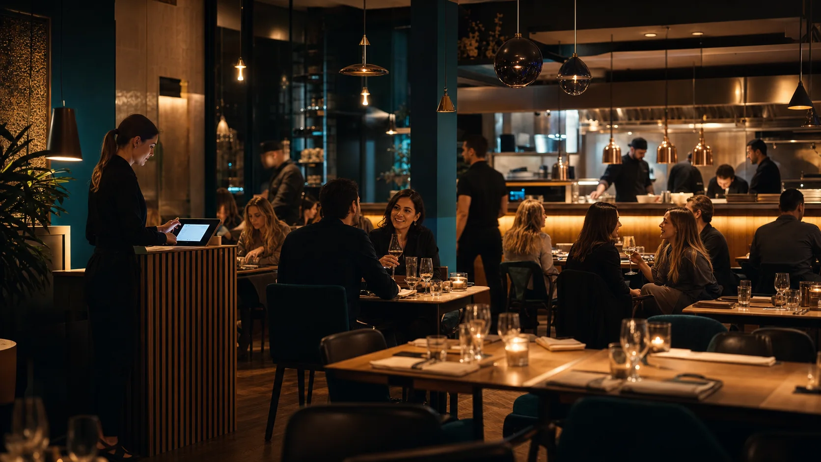 Warm modern restaurant interior during dinner service