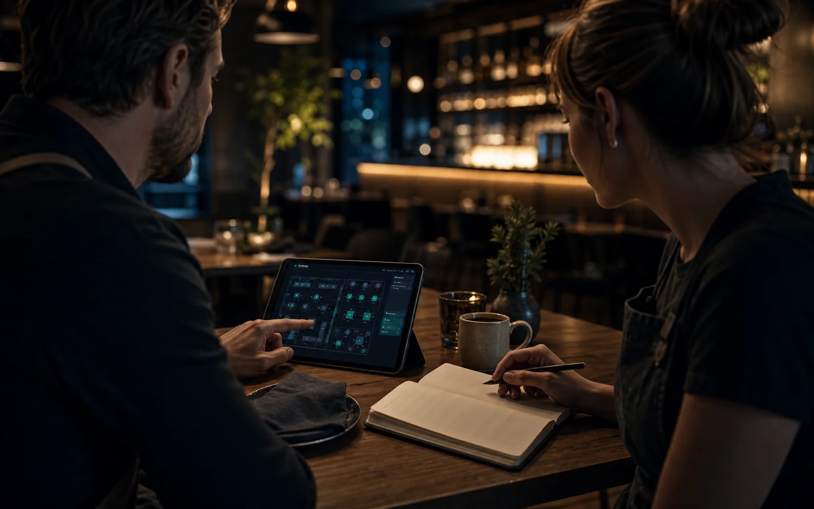 Éttermi csapat tableten nézi át az indulási beállításokat